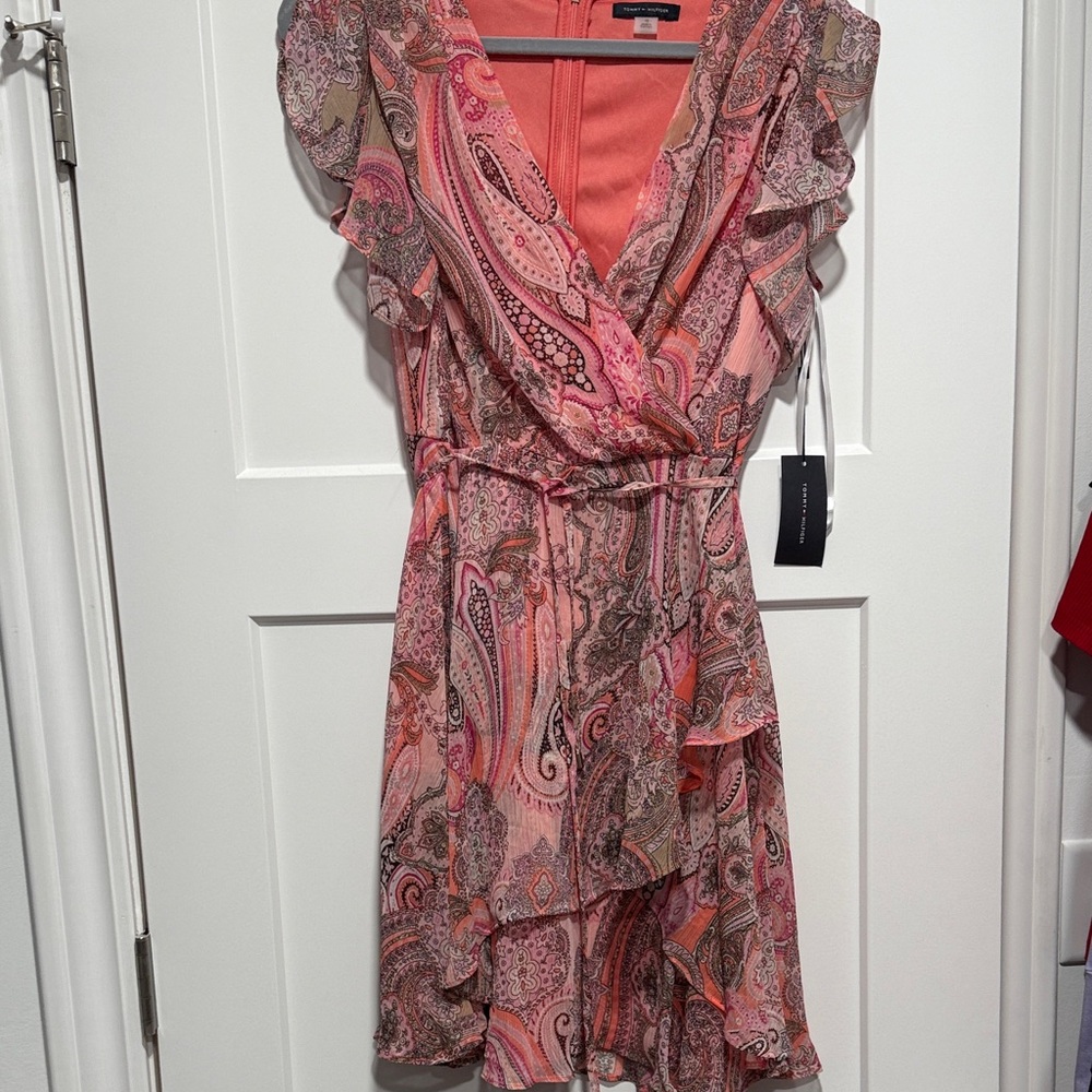 Tommy Hilfiger Asymmetrical Paisley Dress in Pink and Gray
